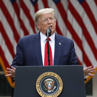 Donald Trump står vid ett talarpodium. I bakgrunden syns USA:s flagga.