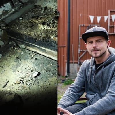 En collagebild med en man som ler mot kameran, ett rött hus, och spår av en fuktskada på ett golv.