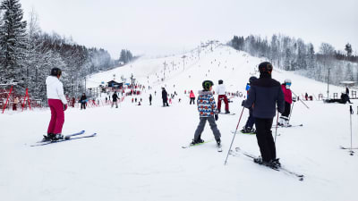 Många människor i snöig slalombacke.