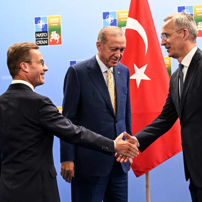 Sveriges statsminister Ulf Kristersson och Natos generalsekreterare Jens Stoltenberg skakar hand. Turkiets president Recep Tayyip Erdogan står i bakgrunden.