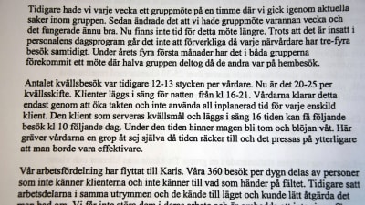 Ett brev från Vård i hemmet i Ekenäs till Raseborgspolitiker. 