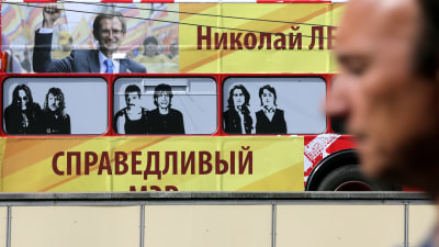 Rättvisa Rysslands valaffisch med partiledaren Nikolaj Levitjev under borgmästarvalet i Moskva 2013.