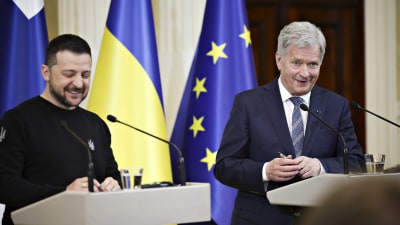 Ukrainas och Finlands leende presidenter i Helsingfors på presskonferens