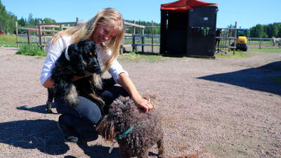 En ung kvinna sitter med en hundvalp i famnen. Framför henne står en liten hund som hon krafsar. I bagrunden syns inhägnader för hästar.