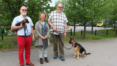 Till vänster står Göran Wennqvist med sin hundvalp i famnen. I mitten står Anna Hielm-Björkman som är docent i veterinärmedicin och till höger Ilkka Hormila. Brevid Ilkka sitter hans hund.