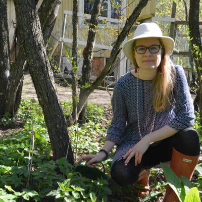 Alessandra Sarelin plockar kirskål i sin trädgård. 