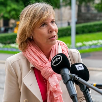 Oikeusministeri Anna-Maja Henriksson Säätytalon portailla.