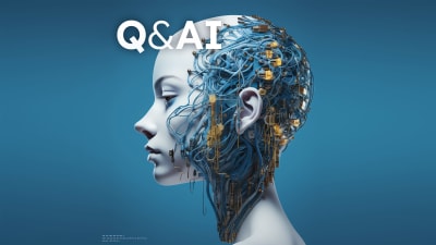 En animerad bild på ett androgynt huvud där sladdar syns på bakhuvudet. I vänstra övre hörnet står det "Q&AI".
