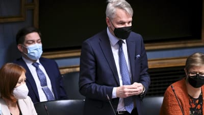 Pekka Haavisto står och talar i ministerbåset i riksdagen. 