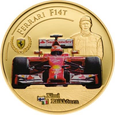 Kimi Räikkösen muotokuva Ferrari-kultarahassa.