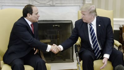 Egyptens president Abd al-Fattah al-Sisi och USA:s president Donald Trump skakar hand i Vita huset.