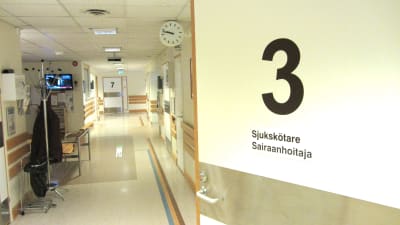 En korridor på ett sjukhus med många dörrar.