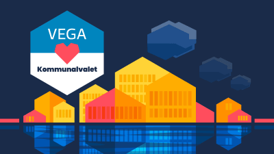 Stiliserade hus i gula toner framför en mörkblå himmel. I en sexkant står det Vega hjärta Kommunalvalet.
