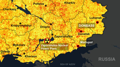 Karta över Ukraina med kärnkraftverket i Zaporizjzja utprickat.