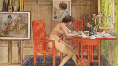 Carl Larssons tavla "Modell skriver vykort" från år 1906.