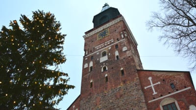 Domkyrkan i Åbo fotad nerifrån. Granen vid domkyrkan med julljus står intill.