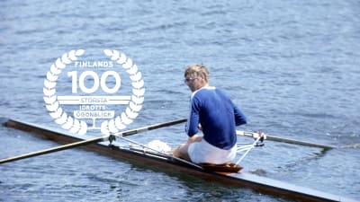 Pertti Karppinen, OS 1976, med logo för Finlands 100 största idrottsögonblick.