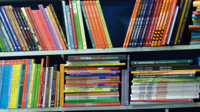Barnböcker i mängder på hyllor i en bokhandel.