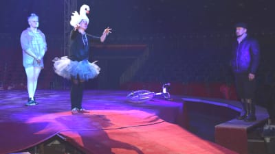Sirkus Finlandias cirksusdirektör Carl Jernström jr ser på showen på scenen.