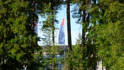 Lastbilstillverkaren Sisus fabrik och företagets flagga skymtar bakom träd.