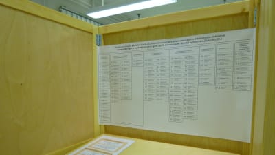 Så här ser det ut inne i ett valbås, en lista över kandidaterna, en penna och instruktioner för hur siffrorna ska skrivas på röstsedeln.