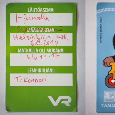 "Barnbiljett" som tågresenäre Aino Jauhiainen fick av en VR-anställd på Hoplax tågstation, där biljettautomaten var sönder.