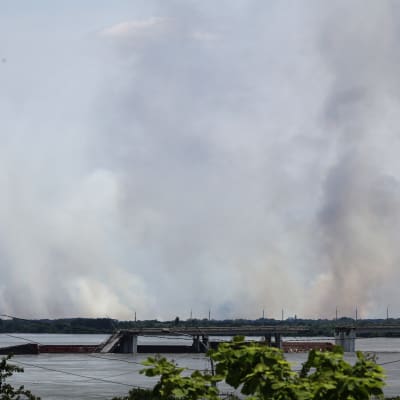 Den här bilden på den delvis förstörda Antonivskyj-bron över floden Dnepr togs den 8.6.
