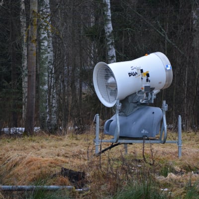 En snökanon står på gräsmattan. Ingen snö i sikte.