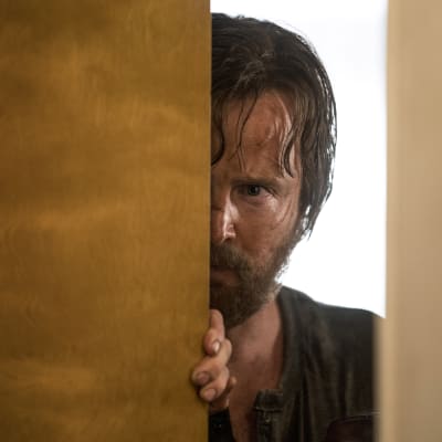 En smutsig och ärrad Jesse Pinkman (spelad av Aaron Paul) kikar fram bakom en dörr.