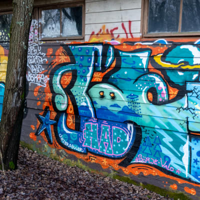 Graffitimålning på ödehus.