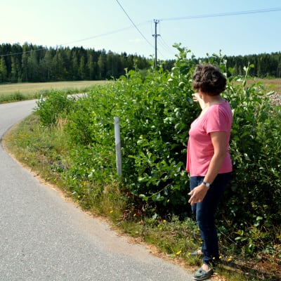 En kvinna står vid en vägkant och pekar ut på buskarna brevid vägen.