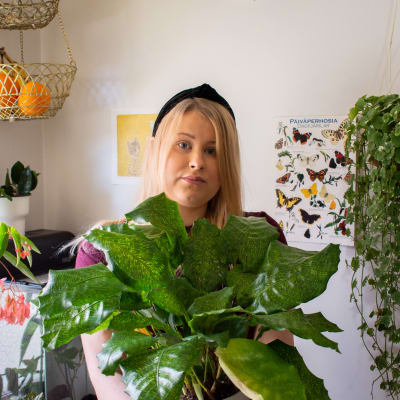 Huonekasviharrastaja Meeri Elfving pitelee sylissään lempikasviaan.