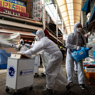 Anställda spred desinfektionsmedel i en saluhall i Sydkoreas huvudstad Seoul på onsdag morgon. 11 personer har nu avlidit och 1 146 människor smittats av viruset i Sydkorea. 