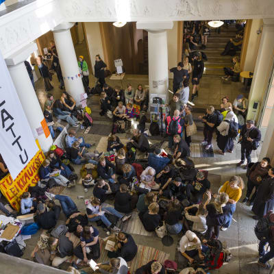 Opiskelijat osoittavat mieltään Helsingin yliopiston päärakennuksella. 