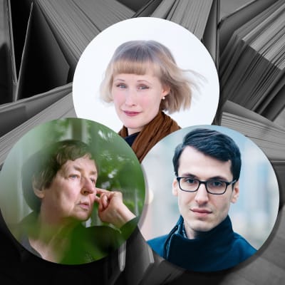 Koostekuva kolmesta kirjalijasta: Leena Krohn, Iida Rauma, Pajtim Statovci.