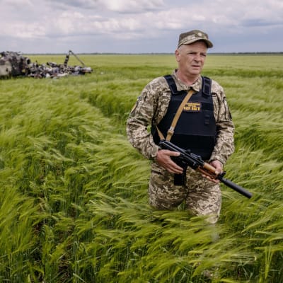 En soldat i kamouflagedräkt kommer gående genom en grönskande sädesåker. En bit bakom honom syns ett helikoptervrak.