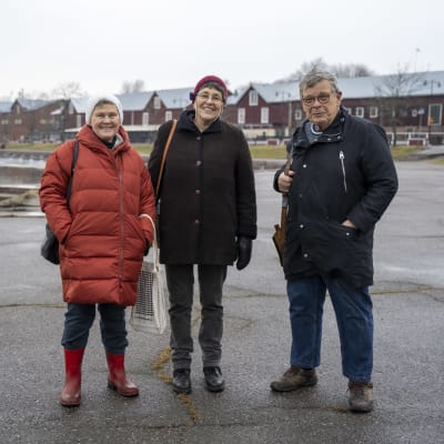Två kvinnor och en man som står vid en kajkant.