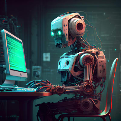Robot som sitter vid en dator.