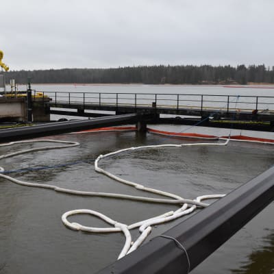 oljebommar i vattnet vid Fortums kaj i Ingå. 