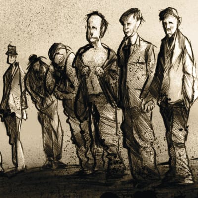 Teckning föreställande nio män på rak som väntar på att arkebuseras
