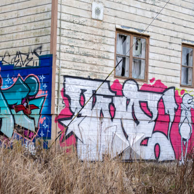Graffitimålning på ödehus.