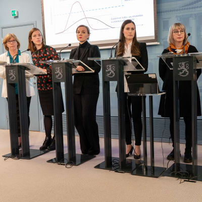 Regeringens ministrar står bakom talarpodier.