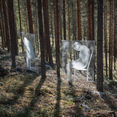 Läpikuultavia valkoisia hahmoja levyissä kiinnitettyinä puihin
