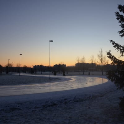 Bild av en skridskobana i morgonsrodnad. 
