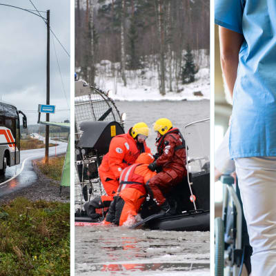 Tre bilder i ett: En buss, räddningspersonal som drar upp en man ur vattnet, en skötare med en patient i rullstol. 