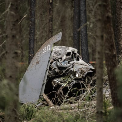 Pudonneen Hawkin ruttaantunut runko ja osa peräsintä metsässä.