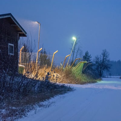 Träbyggnad och ett metallstängsel i ett mörkt vinterlandskap. 