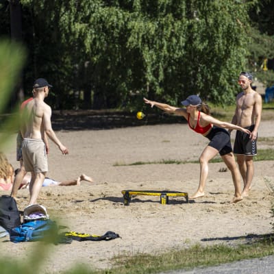 Joukko nuoria pelaa rannalla spikeball pallopeliä.
