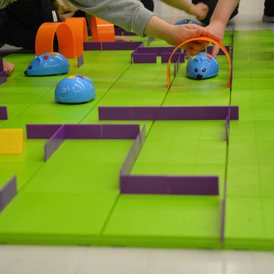 Flera barn jobbar med en robotmus som ska klara en labyrint. 