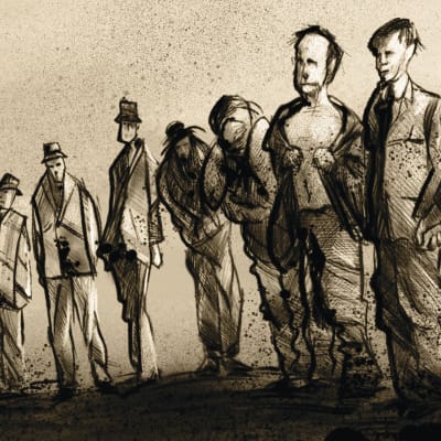Teckning föreställande nio män på rak som väntar på att arkebuseras